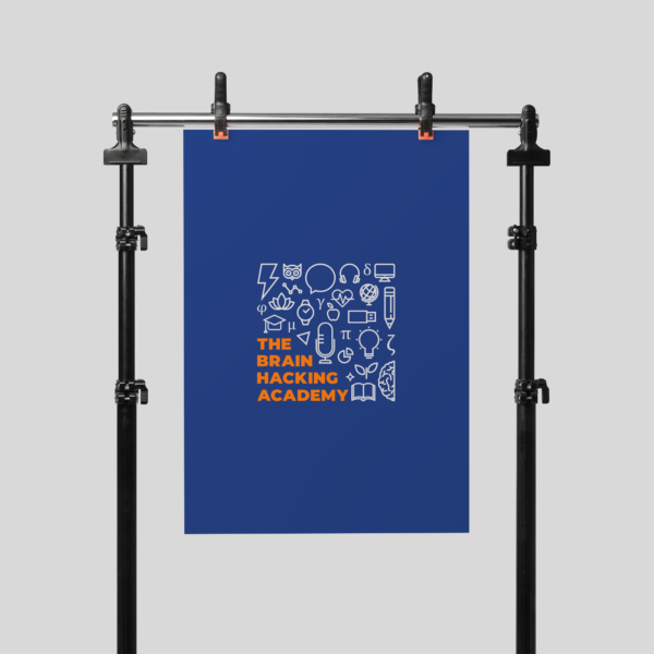 The Brain Hacking Academy logo hanging on a banner