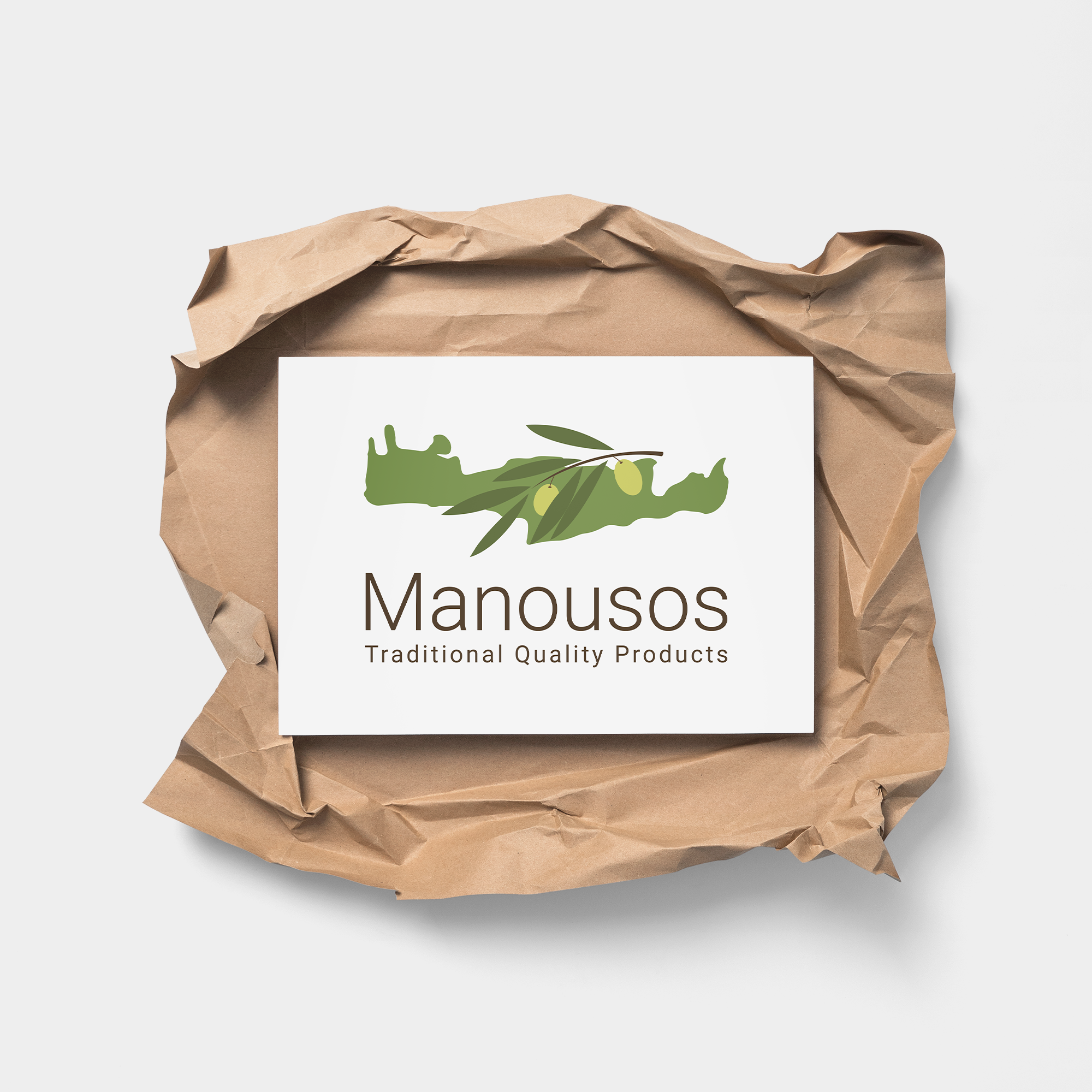 Manousos logo above a creased brown paper